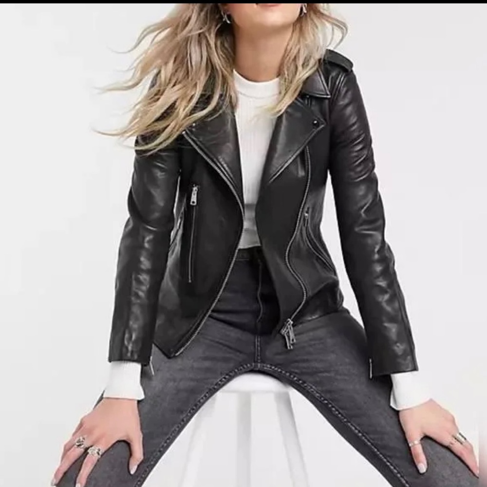 AllSaints Elva Leather Biker Jacket Size 6 Black